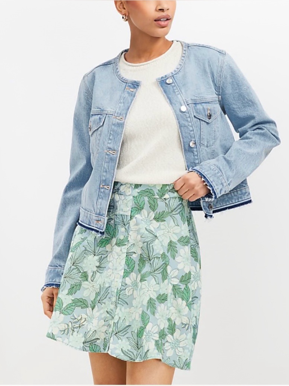 LOFT Light Floral Linen Blend Skirt in Pale Blue and Green
